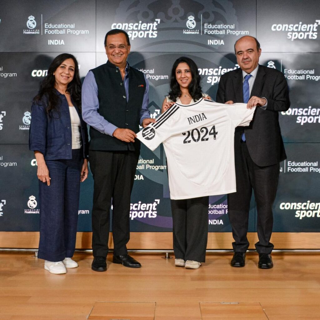 From left to right: Anupama Jain, Director – Conscient Sports, Dinesh Patnaik, Ambassador of India to Spain, Kriti Jain Gupta, Director – Conscient Sports and Julio González Ronco - Director of Real Madrid Foundation, at the Real Madrid official India jersey launch. 